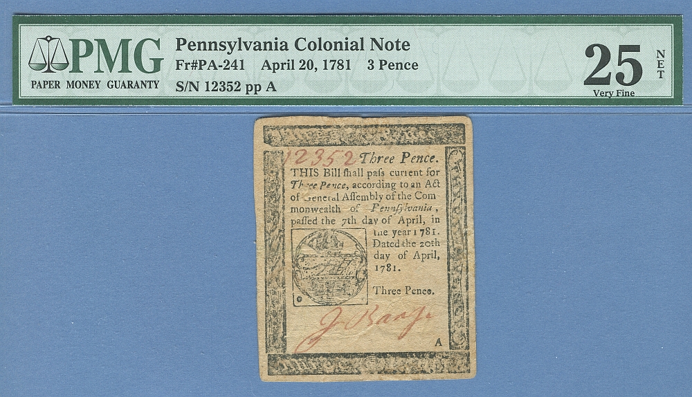 PA Colony 3 Pence, April 20, 1781 "Penee" Error